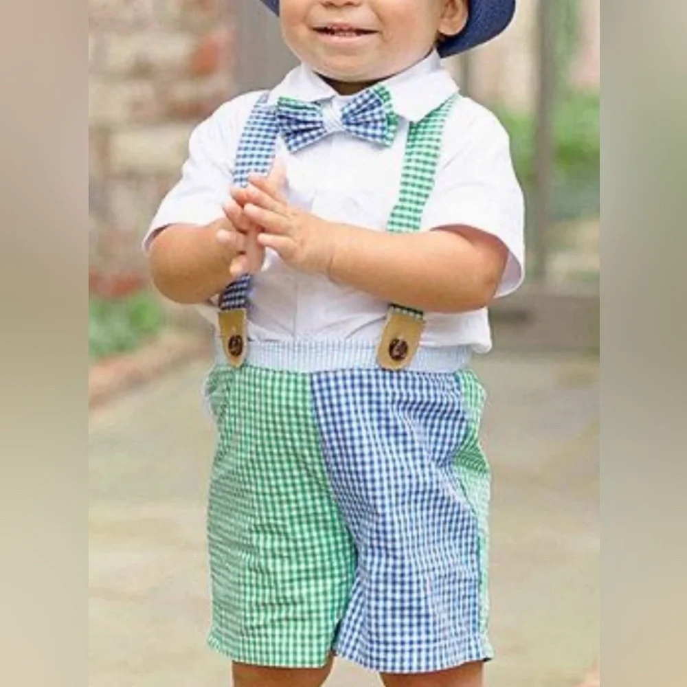 Mud Pie Tan White Striped Seersucker Suspender Shorts Size 12-18 Months